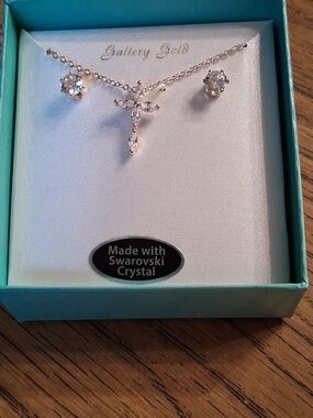 Gallery Gold Cross Pendant Necklace and Clear Crystal Stud Earrings